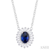1/3 ctw Oval Cut 6X4MM Sapphire and Baguette Cut Diamond Halo Precious Pendant With Chain in 14K White Gold